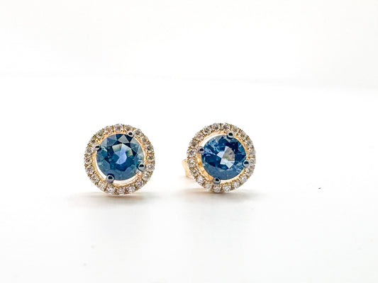 14k,Yellow gold, natural sapphire and diamond halo  stud earrings.