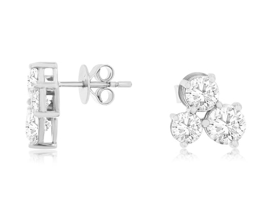 14KW , Lab grown, diamond three stone stud earring. 3.10 carats .