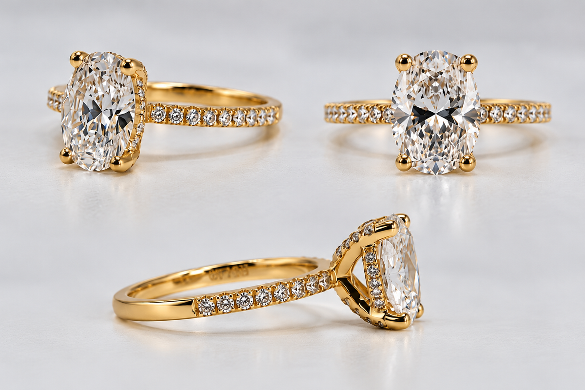 14k, Yellow gold, 1.52 carat oval center with .23 carats of side diamonds. Lab grown, IGI certified