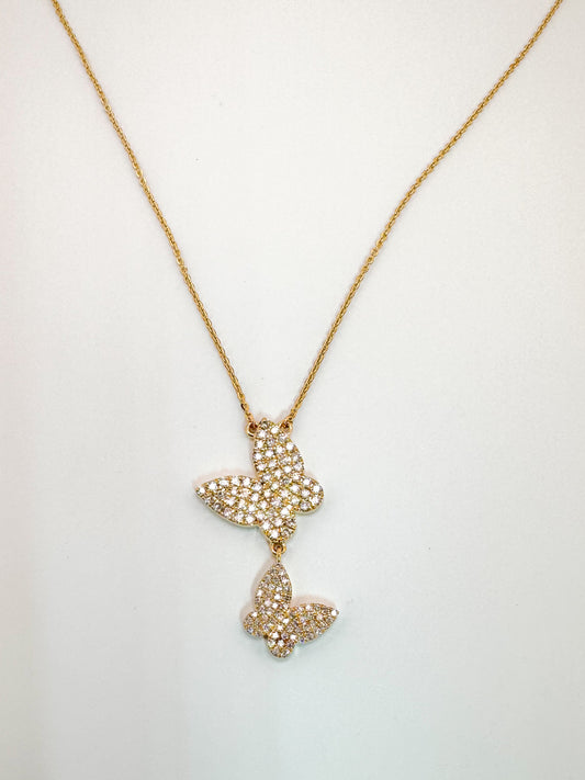 14K, Yellow gold, .78 diamond total weight, double butterfly necklace.
