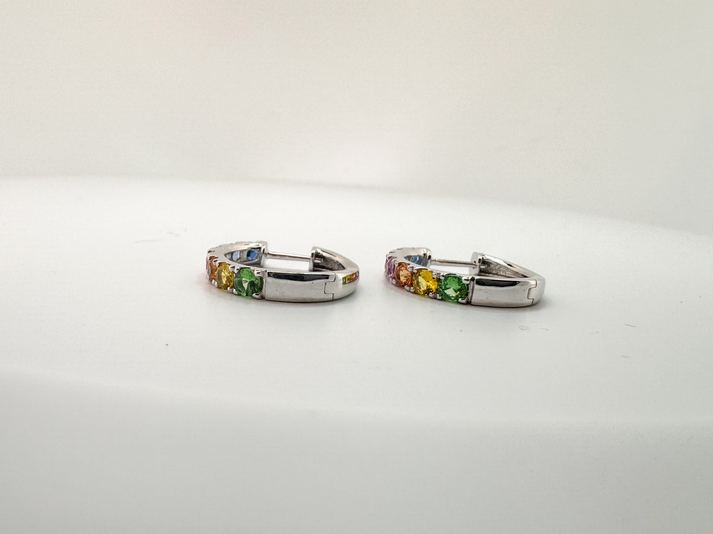 14K, white  1.80  carat total weight, natural,  rainbow sapphire hoop earrings