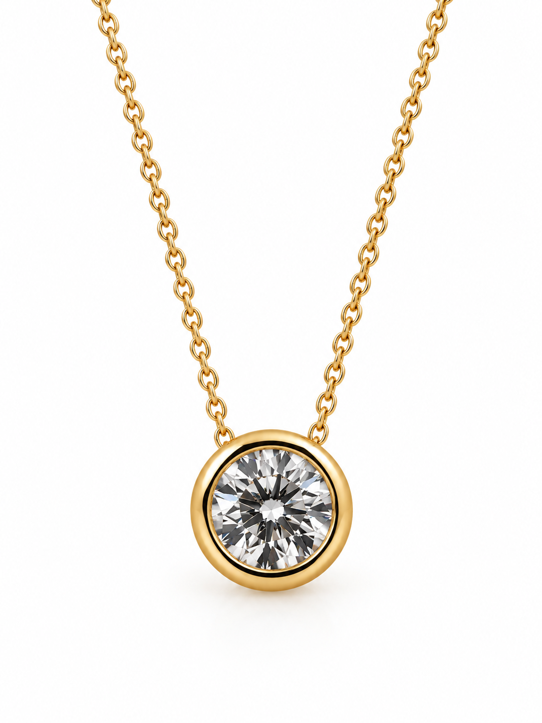 14K, yellow gold, 1/2 carat, lab grown, round brilliant, bezel set pendant. VS F