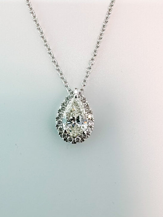 14K, White gold, pear shaped lab diamond halo pendant. .60 diamond total weight VS2 H-I