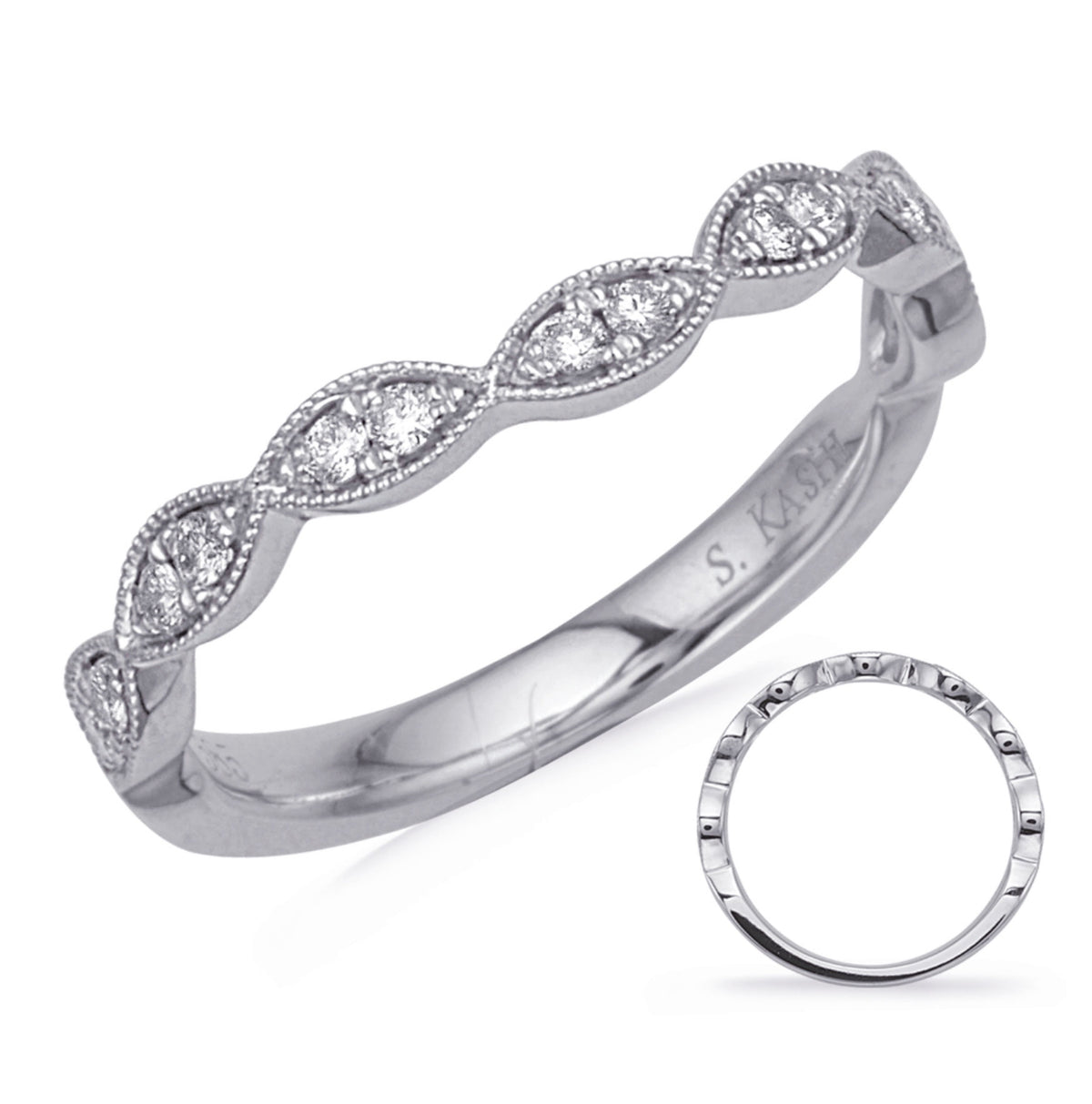 14k, white gold .16 carat total weight, lab grown diamond,  contour band.