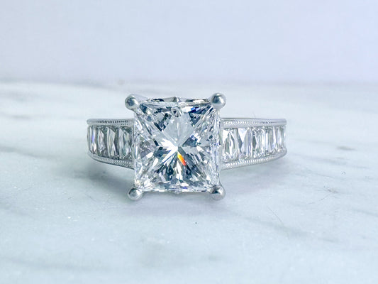 Custom designed, Princess cut and French cut  diamond engagement ring.