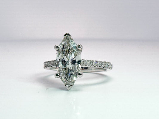 14K, white gold 2.01 F VS2 lab grown marquise center with .26 carat side diamond engagement ring