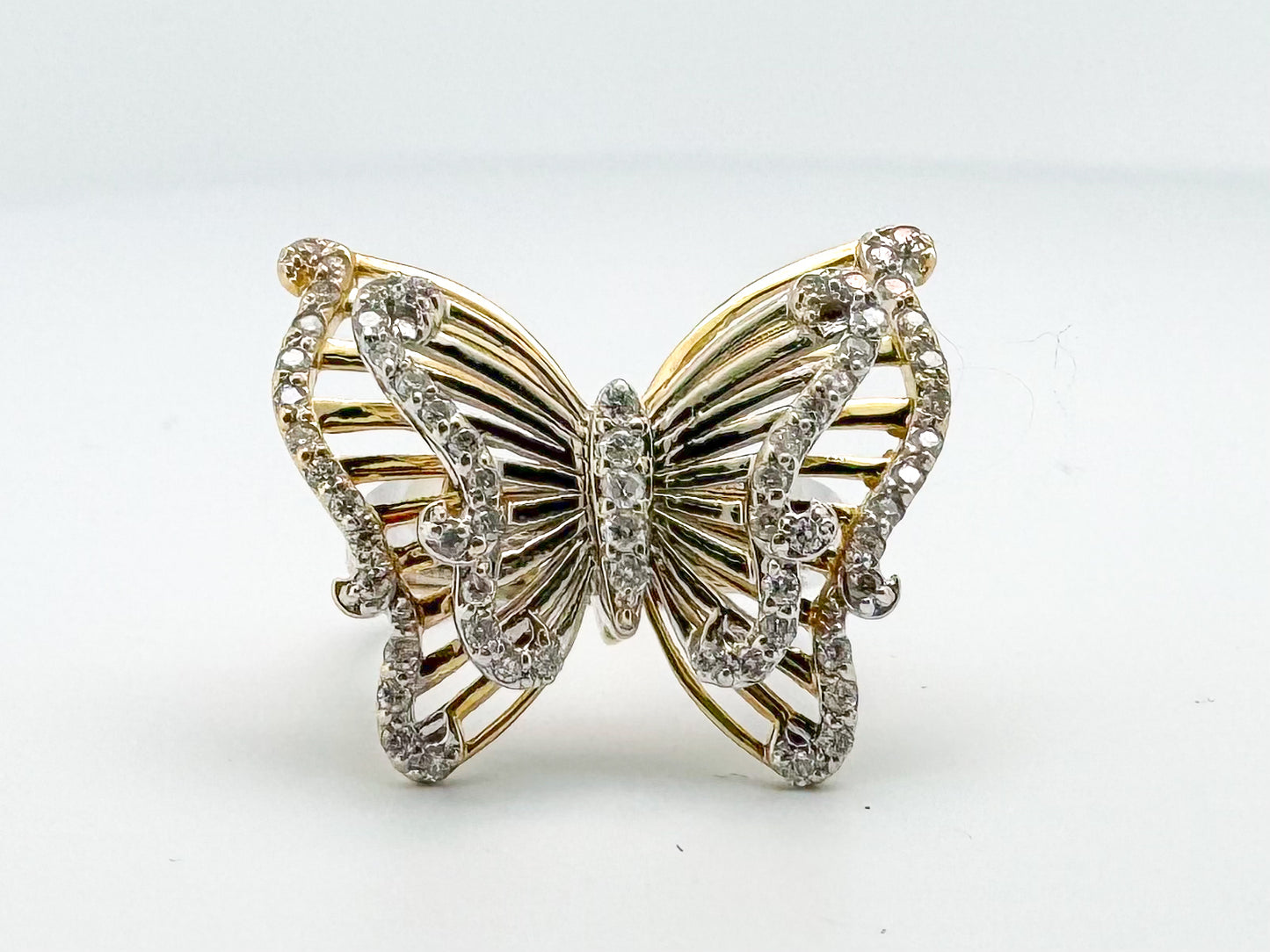 14k two tone, double butterfly diamond ring
