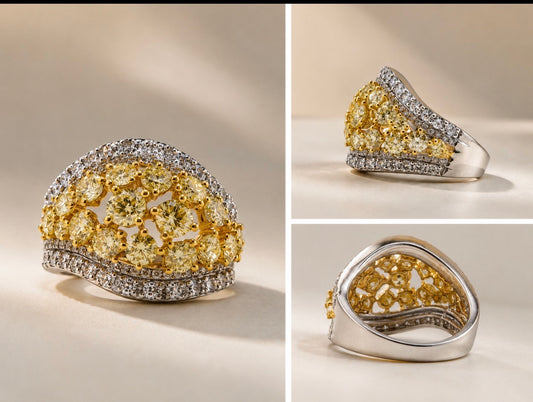 14K, yellow and white, natural diamond fashion ring.
