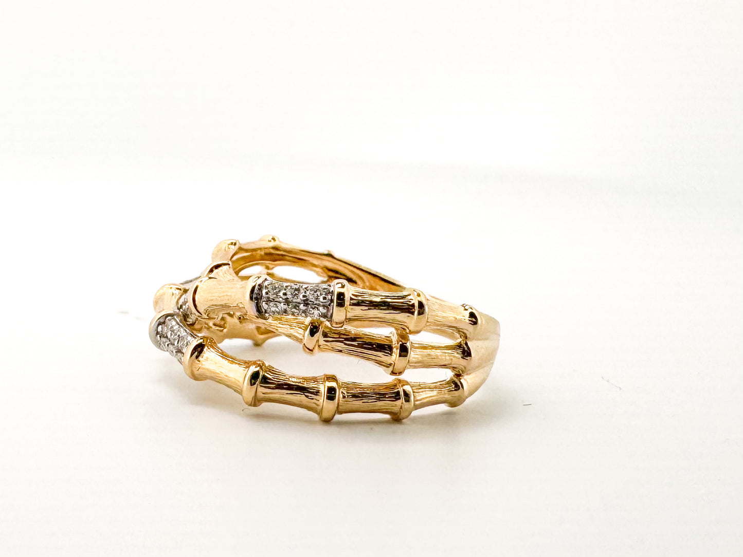 14K,Yellow gold, .20 diamond total weight, bamboo fashion ring.