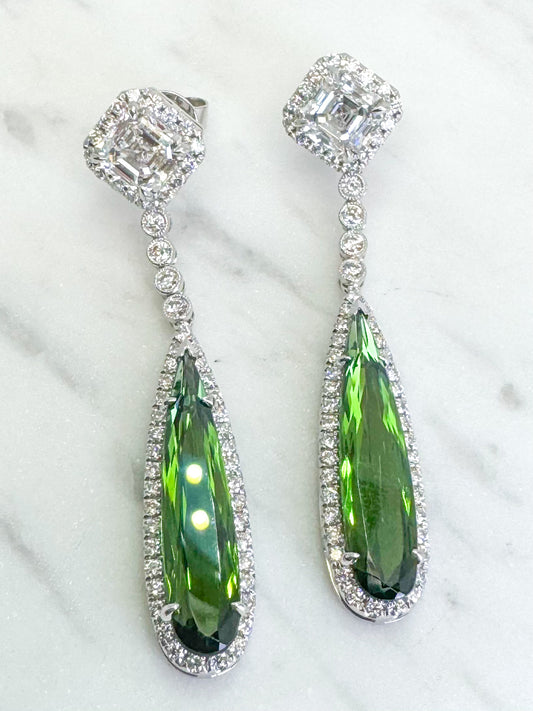 14k white gold 5.37 ctw tourmaline with 2.25 diamond total weight lab grown diamond earring.