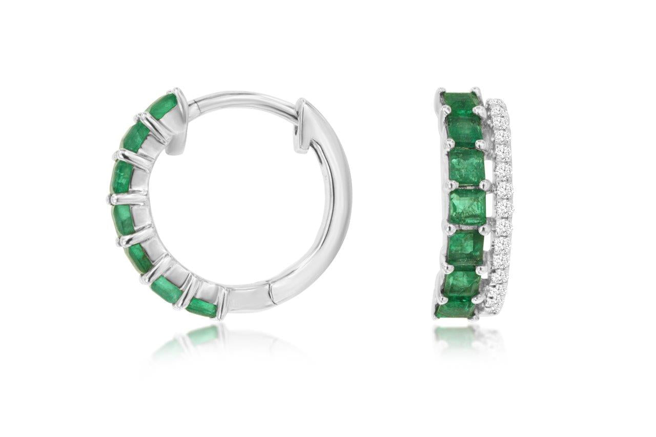 14k, White Gold, .77 carat Emerald, .09 carat total weight, Emerald & Diamond Earrings