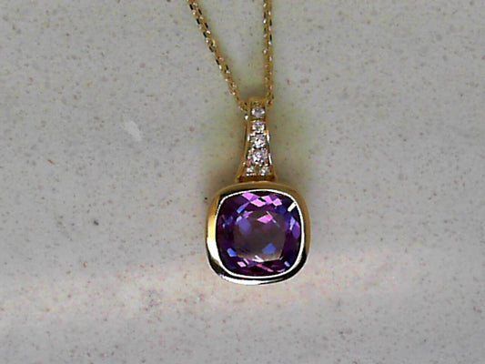 Cushion cut Lab Alexandrite and diamond pendant