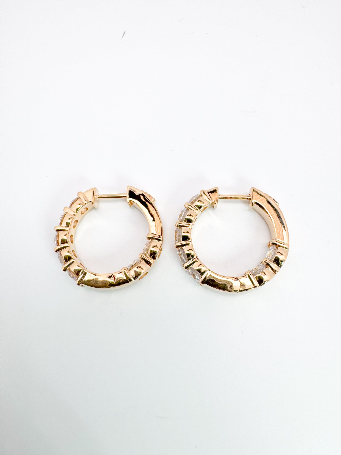 14k, Yellow gold, 3.00 diamond total weight, inside out, lab diamond hoop earrings.
