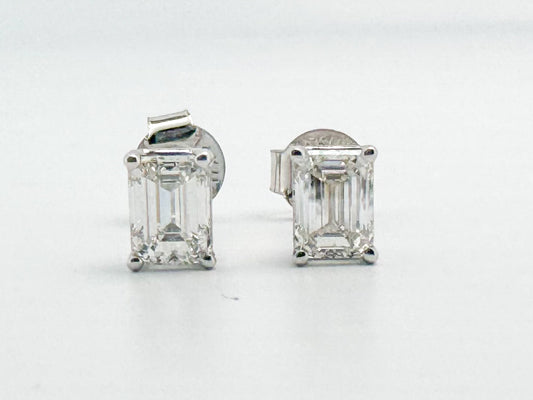 14K, White gold, emerald cut lab diamond stud earrings. 1.00 carat total weight